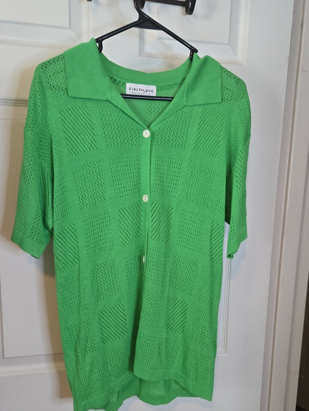 First Love Bright Green Open-Knit Button Down Polo